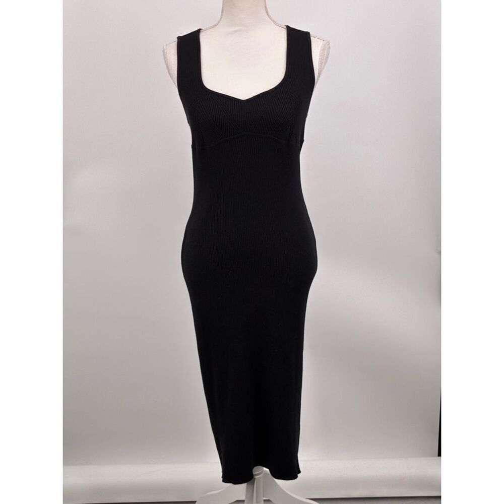 Olive + Oak Bodycon Black Ribbed Tank Midi Dress w/ sweetheart neckline
